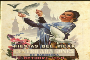 Ein Plakat, das ein Festival in Barcelona, Spanien, bewirbt, das eine Frau mit einem menschlichen Gesicht zeigt, die von Vögeln und Blumen umgeben ist, mit Gebäuden im Hintergrund und Text darauf.