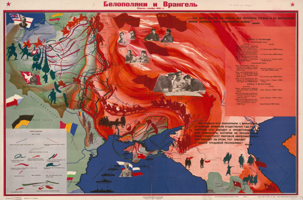 Plakat, das Karten des sowjetischen Reichs und des russischen Reichs vergleicht, mit Bildern und Texten über den Krieg annotiert.