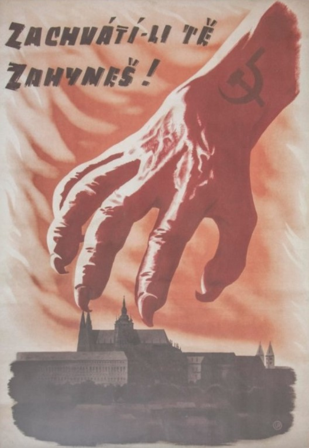 Eine Hand mit Hammer und Sichel streckt sich einem Gebäude mit der Aufschrift "Zachvati-li te zanynes" entgegen und vermittelt einen Sinn für Dringlichkeit und Gefahr.