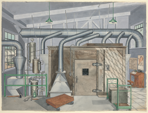 Eine Zeichnung einer Fabrik mit einer großen zentralen Maschine, umgeben von verschiedenen Geräten, einem Wagen, einem Tisch, einem Stuhl, einer Tafel mit der Aufschrift "American Foundry Equipment Co, Indiana", Fenstern und Deckenleuchten.