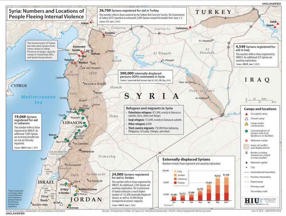 Plakat mit einer Syrien-Karte und Daten zu Binnenflüchtlingen aufgrund von Gewalt, begleitet von erklärendem Text und Diagrammen.