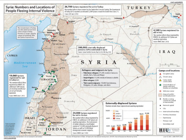 Plakat mit einer Syrien-Karte und Daten zu Binnenflüchtlingen aufgrund von Gewalt, begleitet von erklärendem Text und Diagrammen.