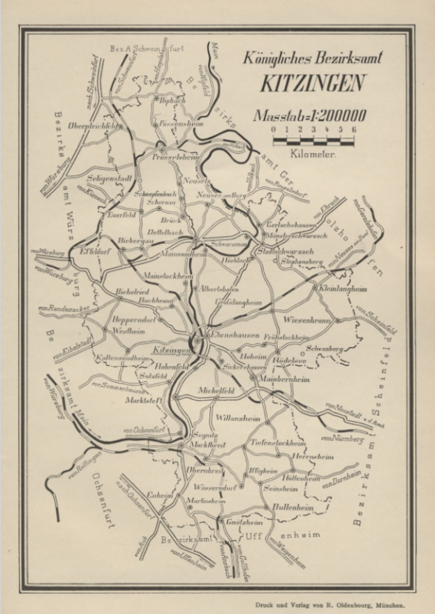 Ein alter Papierplan von Kitzingen, Deutschland, der Straßen, Gebäude und Sehenswürdigkeiten mit Text und Zahlen zeigt.