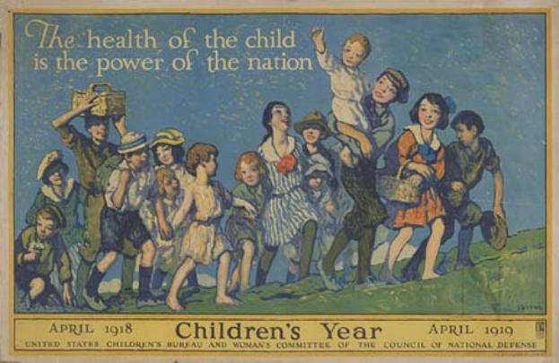 Plakat mit der Aufschrift "Die Gesundheit des Kindes ist die Macht der Nation" zeigt eine Gruppe von Kindern mit Körben, betont die Gesundheit von Kindern und die nationale Stärke.