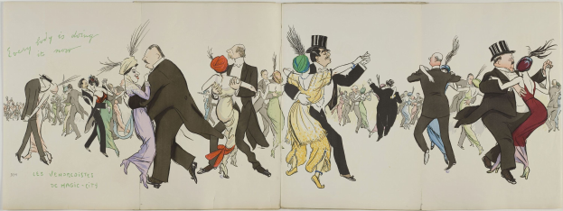 Offenes Buch mit einer bunten Illustration von tanzenden Menschen unter einem hellblauen Himmel, betitelt "Les Vendredières de Magic City."