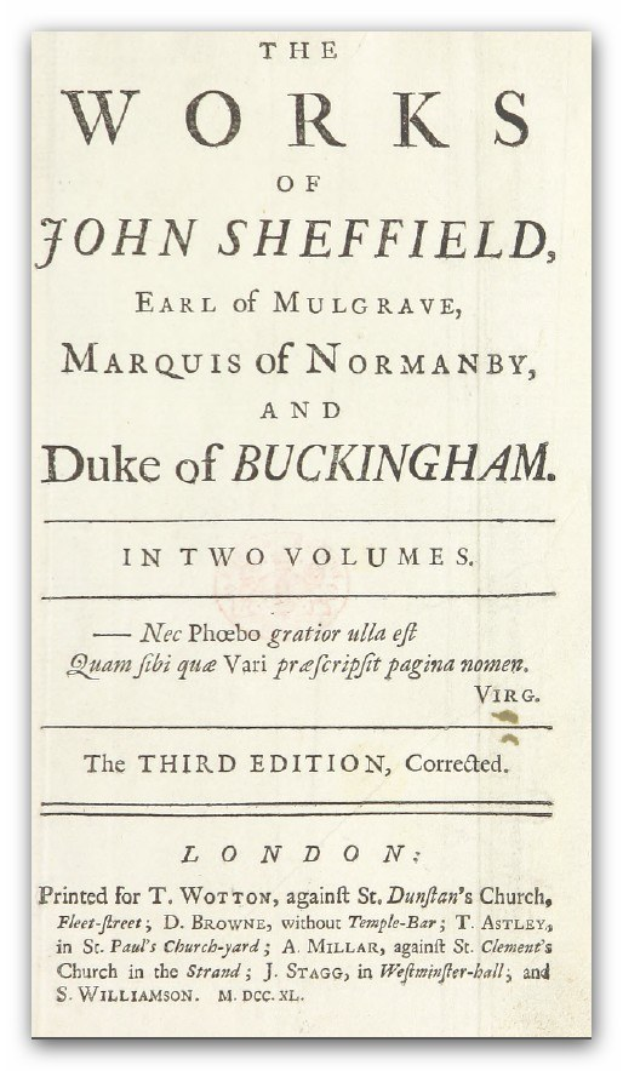 Titelblatt von "The Works of John Sheffield, Earl of Mulgrave, Marquis of Normanby, Duke of Buckingham" auf Papier gedruckt.