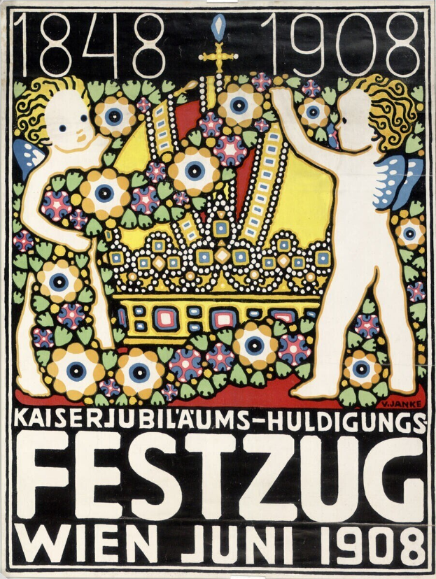 Festivalplakat in Wien, Österreich, mit einem Gemälde von einem Jungen und einem Mädchen, die Arm in Arm nebeneinander stehen und Text mit Festivaldetails.