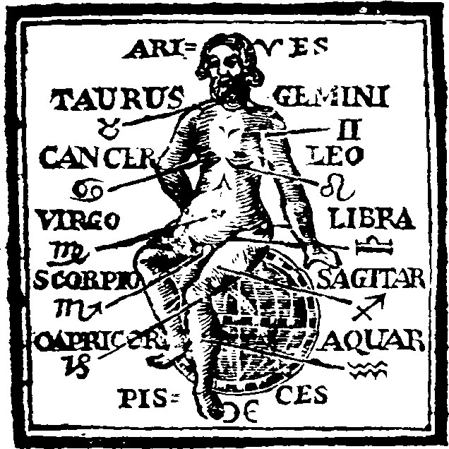 Schwarze und weiße Illustration eines ernst aussehenden Mannes in einem Gewand, der auf einer Weltkugel sitzt und mit "Stier" darüber beschriftet ist, innerhalb einer kreisförmigen Anordnung von Sternzeichen.