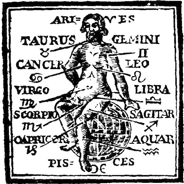 Schwarze und weiße Illustration eines ernst aussehenden Mannes in einem Gewand, der auf einer Weltkugel sitzt und mit "Stier" darüber beschriftet ist, innerhalb einer kreisförmigen Anordnung von Sternzeichen.