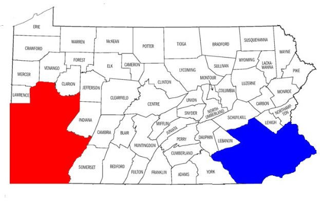 Karte von Pennsylvania mit Wahlergebnissen, wobei die Countys in Rot und Blau hervorgehoben sind und mit "Pennsylvania Election Results" beschriftet sind.
