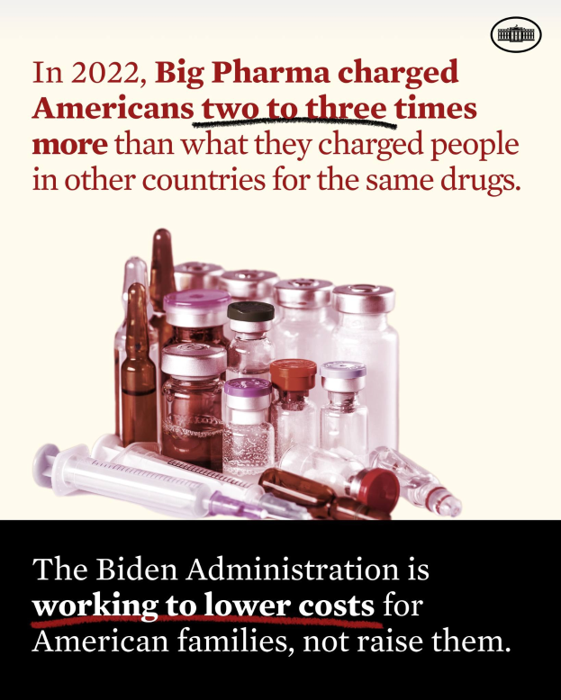 Plakat, das zeigt, dass Big Pharma in 2022 Amerikaner zwei bis drei Mal mehr für die gleichen Medikamente berechnet hat als in anderen Ländern, mit Bildern von Medikamentenflaschen und einer Spritze.