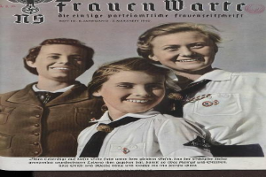 Ein altes deutsches Magazin-Cover mit der ├ťberschrift "Frauenwarte", das drei lachende Personen zeigt, einen Mann und zwei Frauen, mit dem Text "Deutscher Weltkrieg" in gro├čen Lettern.