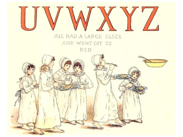 Gruppe von Menschen mit Tellern voller Essen, links daneben ein Schüsselchen und Löffel, mit Text oben: 'Uwxyz - Alle hatten eine dicke Scheibe und gingen ins Bett.'