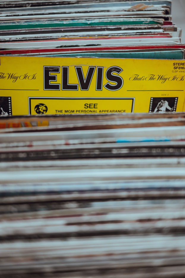 Ein ordentlicher Stapel Elvis-Presley-Platten auf einem Tisch, mit einigen überlappenden und lesbaren Titeln, vor einem unscharfen Hintergrund.