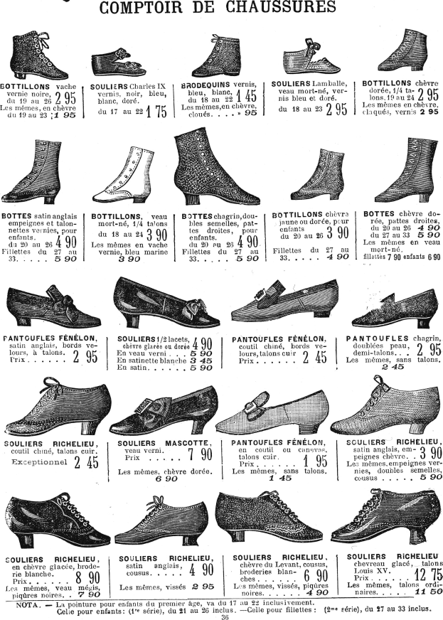 Eine Buchseite mit verschiedenen Damenschuhen in einzigartigen Designs, Preisetiketten und Informationen zur Größe, Form und Farbe, ordentlich in Reihen angeordnet.