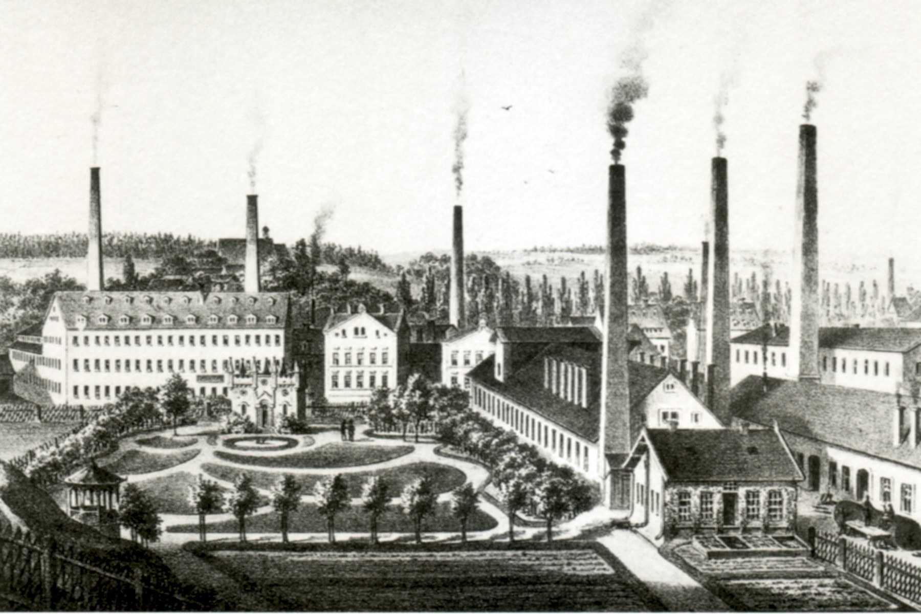 Schwarze und weiße Zeichnung einer Fabrik mit Schornsteinen, umgeben von Gebäuden, Bäumen, Pflanzen, Gras und einem Zaun, beschriftet mit 'New York State Penitentiary' unten.