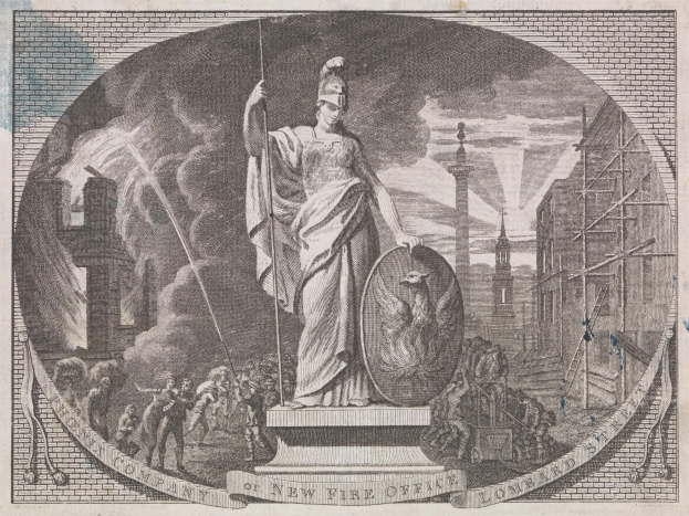 Eine Statue einer Frau mit Schwert und Schild steht vor einem Feuer, umgeben von Menschen, Gebäuden und anderen Gegenständen, mit Text am unteren Bildrand.