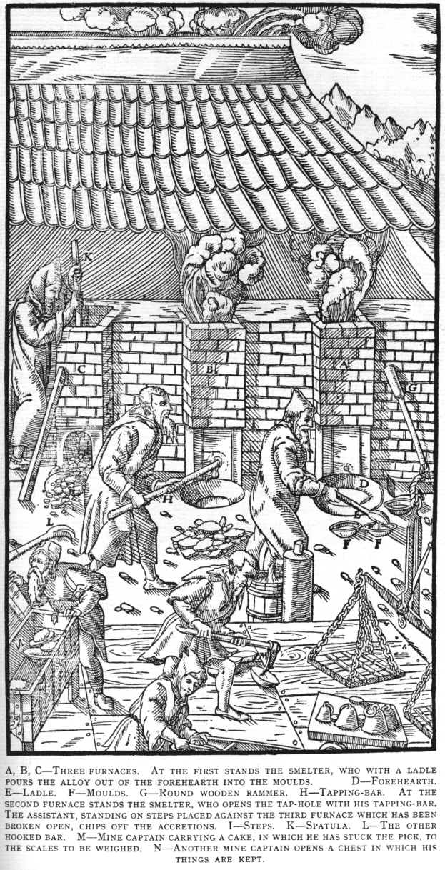 Eine Schwarz-Weiß-Zeichnung einer Gruppe von Menschen, die in einer Fabrik arbeiten, mit einem Haus im Hintergrund und einem Text unten, der lautet: "A.B.C. Drei Öfen stehen am Ersten der Schmelzer."
