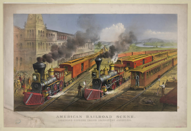 Amerikanische Eisenbahnszene mit einem Zug auf Schienen, Menschen, Gebäude, Rauch, Hügel und Himmel, mit der Beschriftung "Lightning Express Trains Leaving the Junction" unten.
