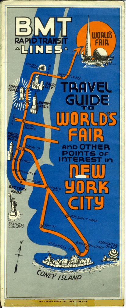 Buntes Plakat mit einer Karte der Weltausstellung New York 1964 mit Text über Attraktionen und Details.