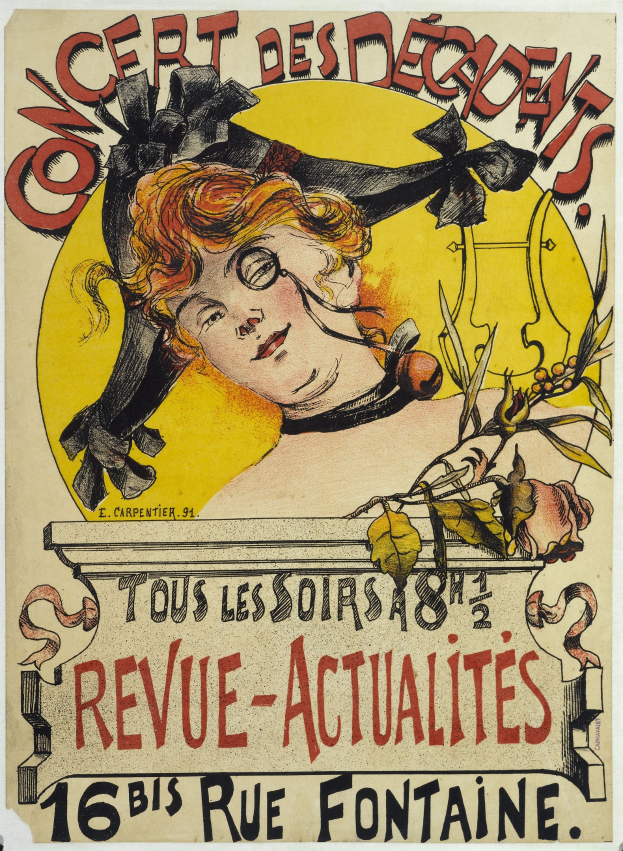 Plakat, das ein Konzert der Decadents ankündigt und eine Frau mit menschlichem Gesicht zeigt