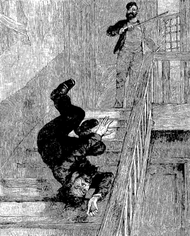 Eine Schwarz-Weiß-Illustration eines Mannes, der eine Treppe hinunterfällt, mit einer Person, die auf der Treppe steht und einen Stock hält, und Text unten.