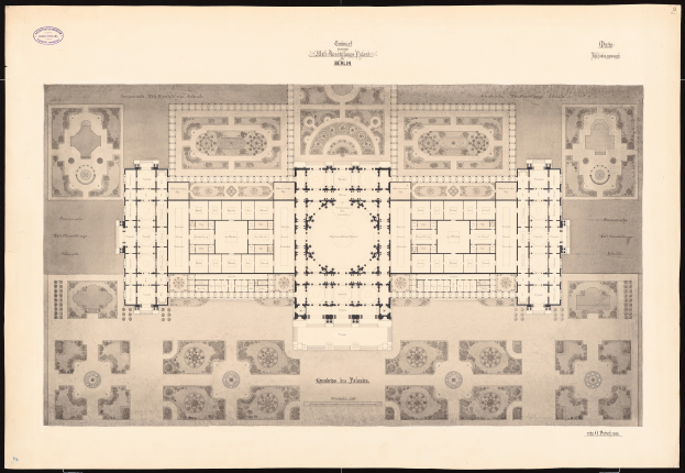Ein detaillierter Grundriss des Erdgeschosses von Schloss Berlin mit zahlreichen Räumen und begleitendem Text.