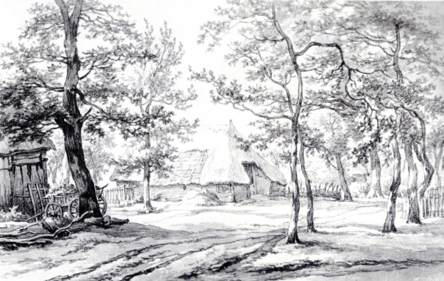 Schwarze und weiße Zeichnung eines Dorfes im Wald mit Bäumen, Hütten, einem Karren und einem Zaun, mit der Beschriftung "William Hogarth - The Village in the Woods" unten.