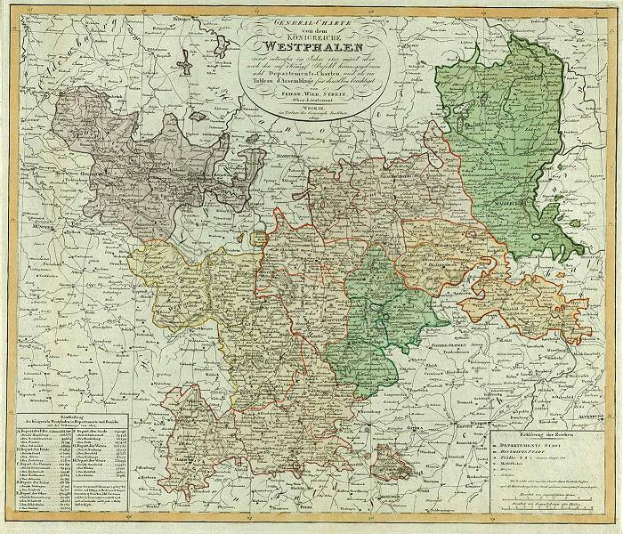 Ein altes Deutschland-Karte mit hervorgehobenen Provinzen Westphalien, in einem Foto Rahmen mit beschreibendem Text.