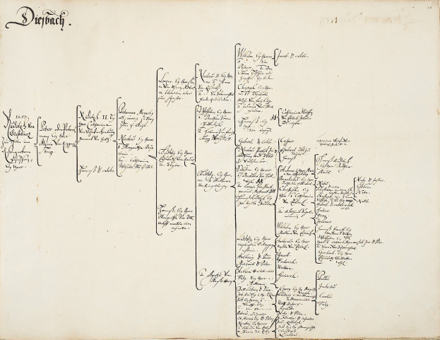 Ein aufgeschlagenes Buch mit einer handschriftlichen Ahnenforschung der deutschen Familie, gefüllt mit Texten über Familienmitglieder und ihre Abstammung.