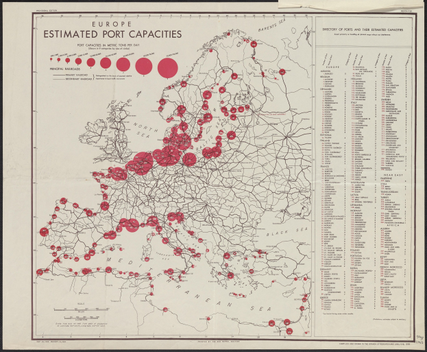 Ein gerahmtes Europa-Karte mit roten Punkten, die gesch├Ątzte Hafenkapazit├Ąten markieren.