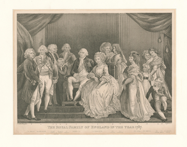 Eine Gruppenporträt der englischen Königsfamilie im Jahr 1787, das auf einer Treppe sitzend und stehend mit Vorhängen im Hintergrund sowie einem Text am unteren Rand dargestellt ist.