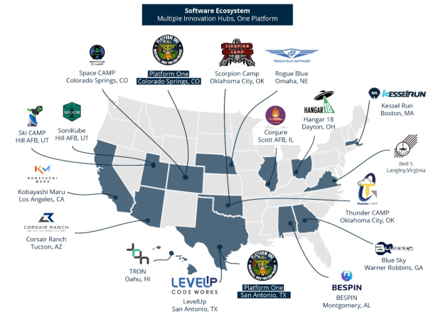 Karte der Vereinigten Staaten mit Standorten von Software-Unternehmen und Logos sowie beschreibendem Text.