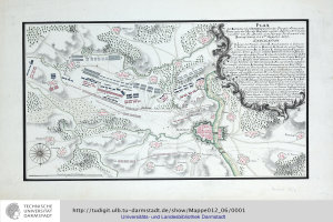 Eine detaillierte Karte der Schlacht von Darmstadt mit beschrifteten Städten und Schlachtorten, begleitet von erläuterndem Text und einem Schild-Logo mit einem zentralen Löwen.