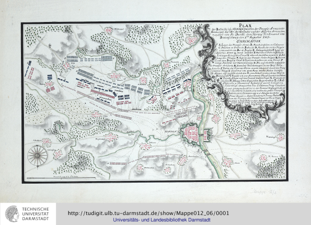 Eine detaillierte Karte der Schlacht von Darmstadt mit beschrifteten Städten und Schlachtorten, begleitet von erläuterndem Text und einem Schild-Logo mit einem zentralen Löwen.
