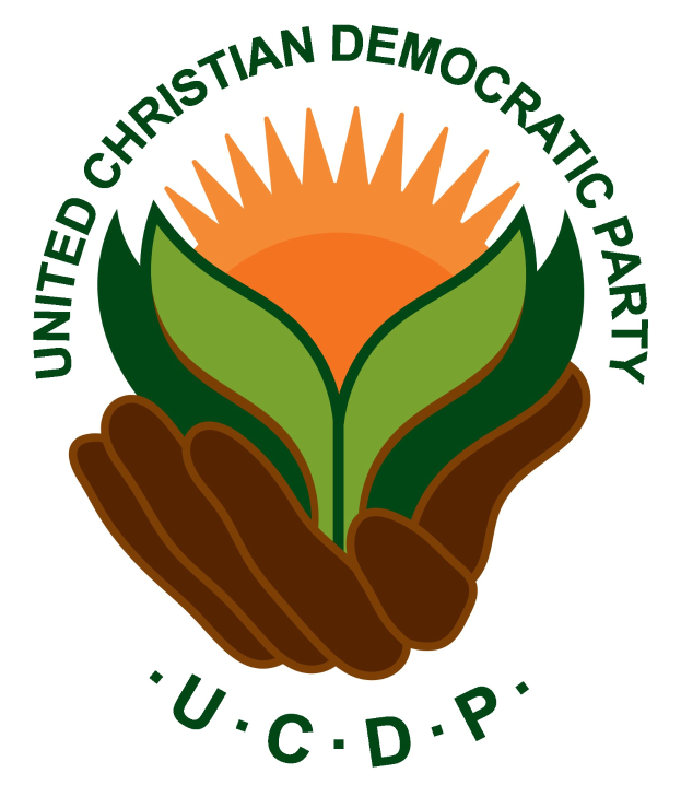 Logo der Vereinigte Christlich Demokratische Partei (VCDP): eine Hand, die eine leuchtend gelbe Blume mit grünem Stiel und Blättern hält, mittig in einem blauen und gelben Kreis auf einem weißen Hintergrund, mit der schwarzen Schrift "VCDP" darunter.