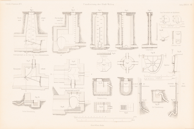 Eine Seite aus einem Buch mit detaillierten technischen Zeichnungen von Rohren und Ventilen mit begleitendem Text.