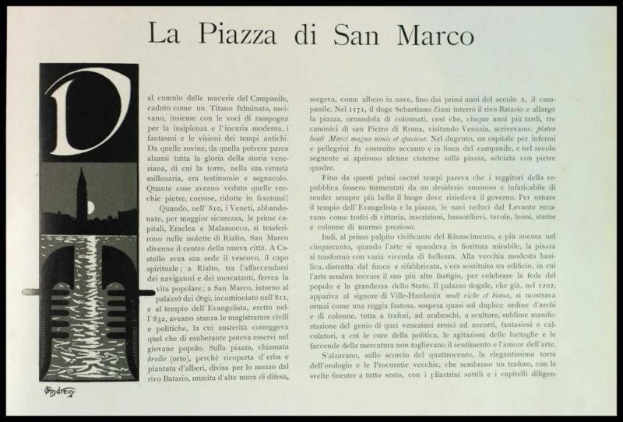 Papier mit Text in klassischer Schriftart und einer Abbildung der Piazza di San Marco in Venedig, das die Größe und reiche Geschichte der Stadt mit leuchtenden Farben und detailreichen Elementen hervorhebt.