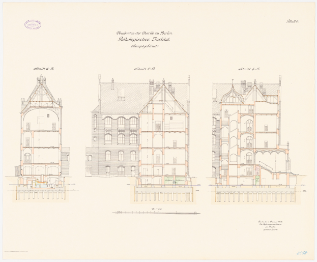 Ein detaillierter Architekturplan der Charles II-Schule in Berlin, der ein Gebäude mit zahlreichen Fenstern zeigt, begleitet von ausführlichen Plänen und Texten.