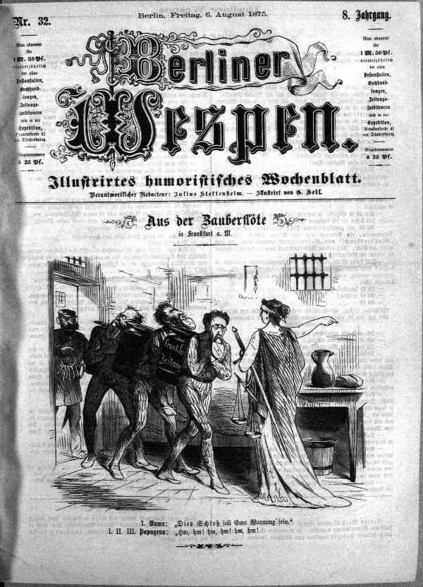 Schwarz-weiß-Zeitung datiert "Berliner Wespen, 6. August 1875" mit einer Gruppe von Menschen in Not, einige schauen erschrocken hoch und andere verwirrt nach unten.