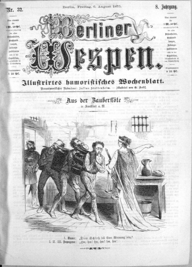 Schwarz-weiß-Zeitung datiert "Berliner Wespen, 6. August 1875" mit einer Gruppe von Menschen in Not, einige schauen erschrocken hoch und andere verwirrt nach unten.