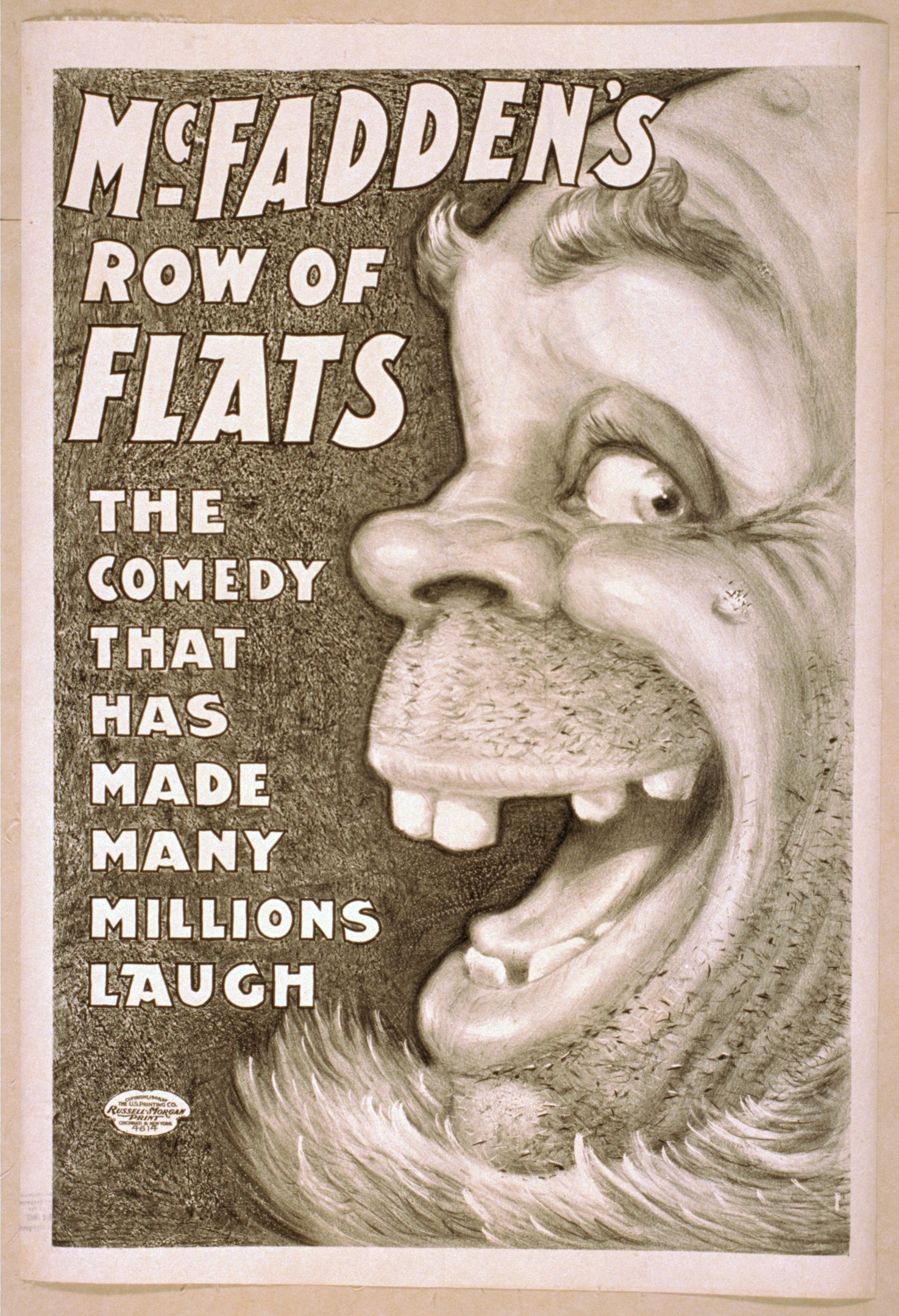 Plakat einer Person mit wilden Haaren und einem breiten, zahnreichen Grinsen auf einem hellgelben Hintergrund, mit dem Text "McFadden's Row of Flats: The Comedy That Has Made Many Millions Laugh."