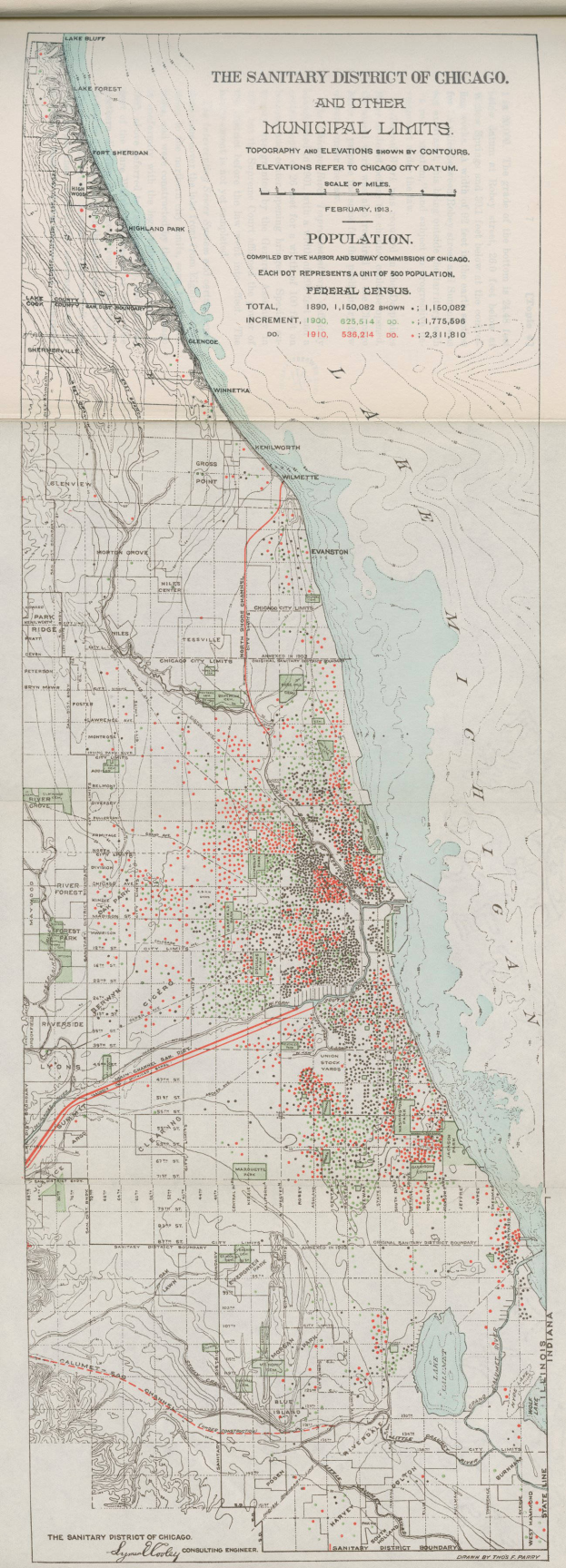 Eine alte Karte des Sanitären Bezirks von Chicago, mit Text, der die städtischen Grenzen der Stadt beschreibt.