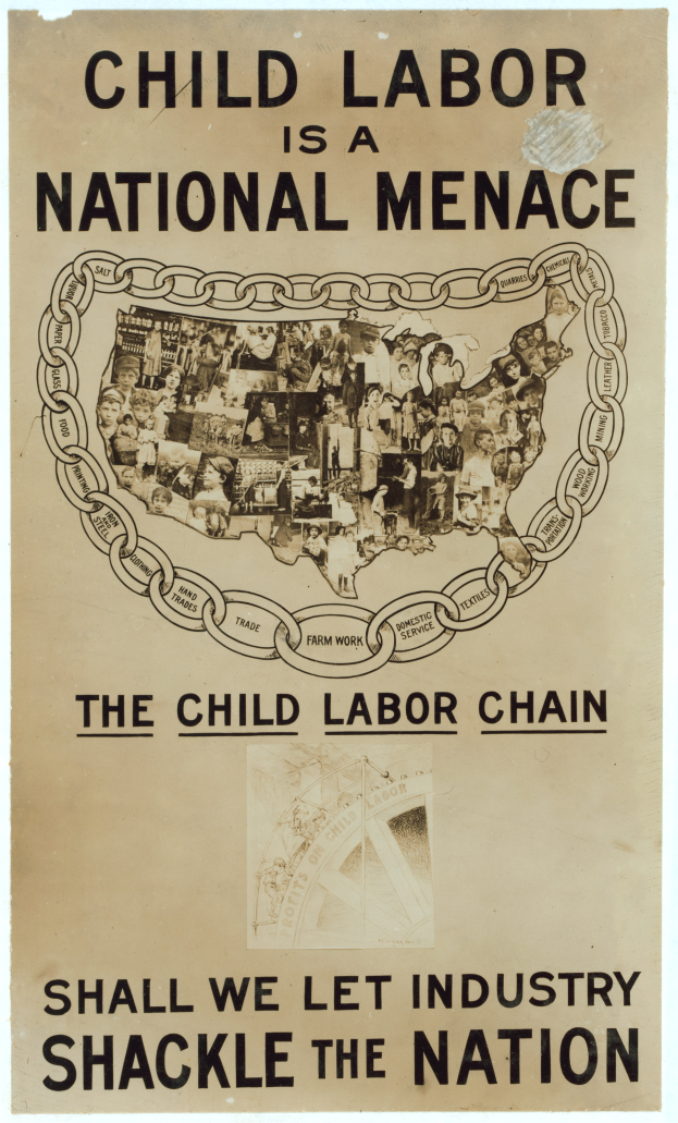 Ein Plakat mit fetter schwarzer Schrift auf einem weißen Hintergrund trägt die Aufschrift "Kinderaarbeit ist eine nationale Gefahr - Sollen wir die Industrie das Land fesseln lassen", das eine vielfältige Gruppe von Menschen zeigt, die gemeinsam stehen.