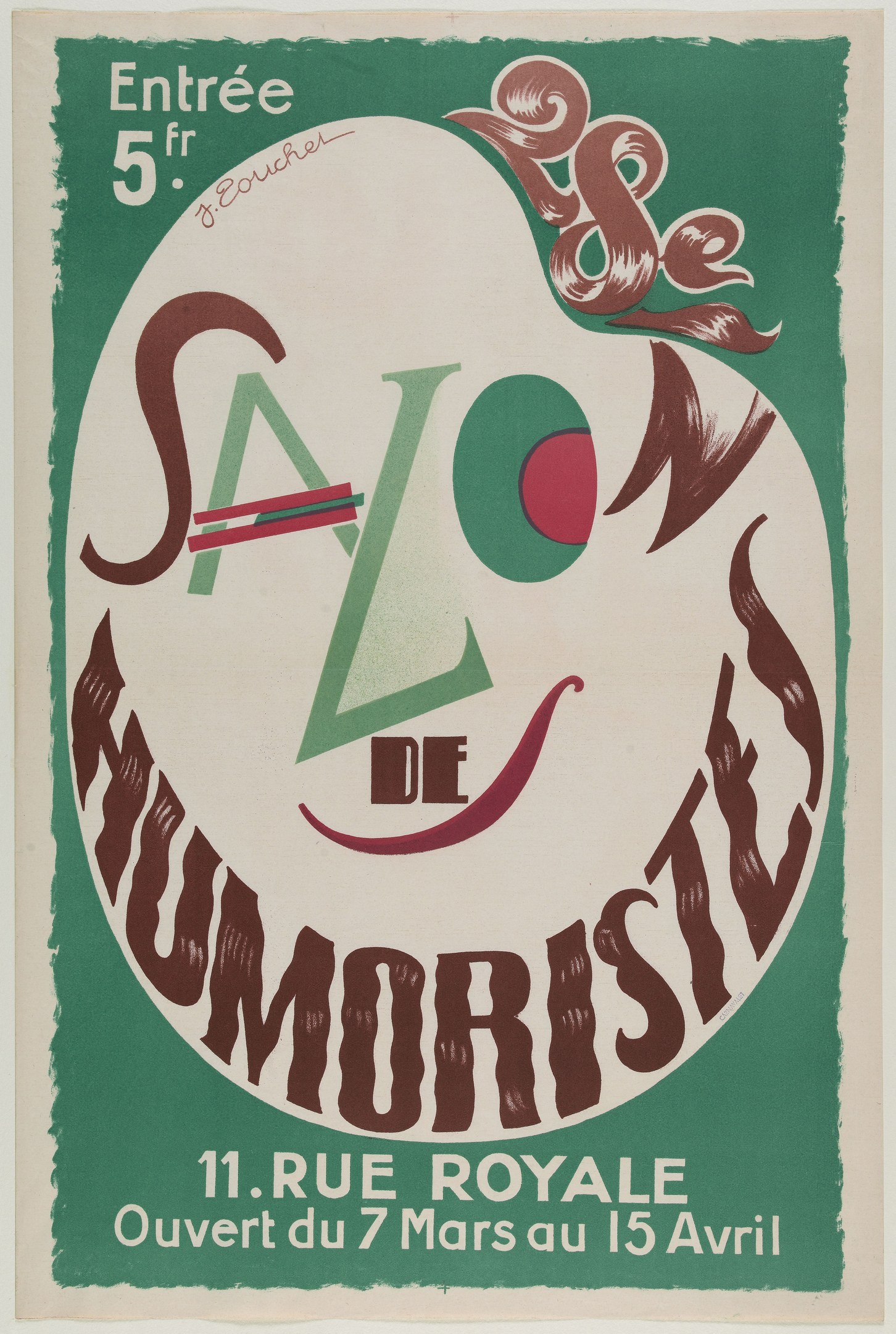 Plakat in Paris, das eine Humoristenshow ankündigt und deren Angebote beschreibt.