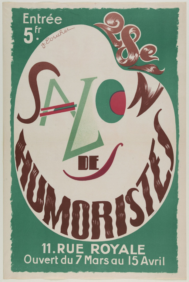 Plakat in Paris, das eine Humoristenshow ankündigt und deren Angebote beschreibt.