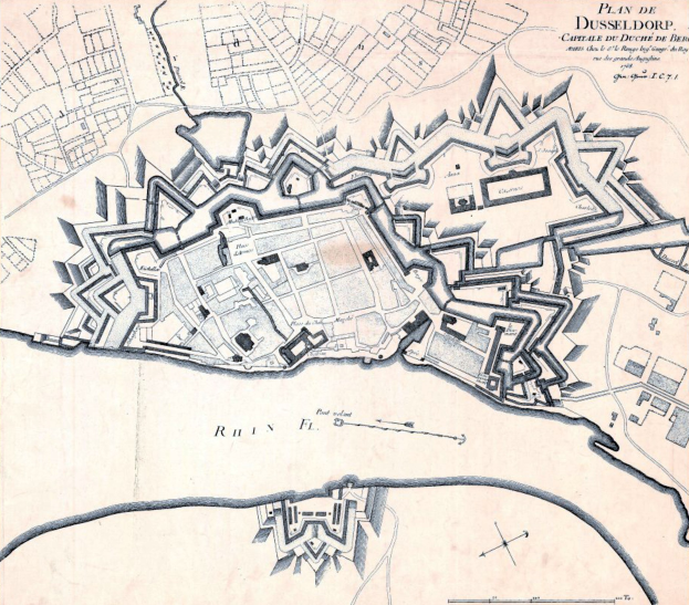 Ein detailliertes Stadtplan-Poster von Düsseldorf, Deutschland, das Straßen, Gebäude und Sehenswürdigkeiten hervorhebt, mit Texten zur Bevölkerung, Geschichte und Kultur der Stadt.