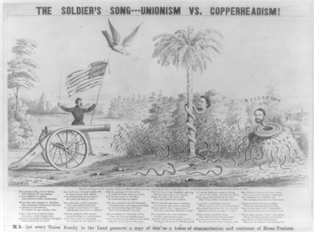 Plakat, das eine Person zeigt, die auf einer Kanone steht und eine Fahne hält, umgeben von Bäumen, Pflanzen und einer Schlange, mit der Aufschrift "The Soldier's Song - Unionism vs Copperheadism."