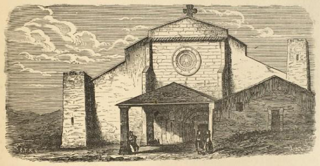 Eine Gravur der Kirche des Heiligen Grabes mit einer Uhr an der Vorderseite, umgeben von Menschen und einem wolkenverhangenen Himmel, mit dem Namen der Kirche unten eingraviert.