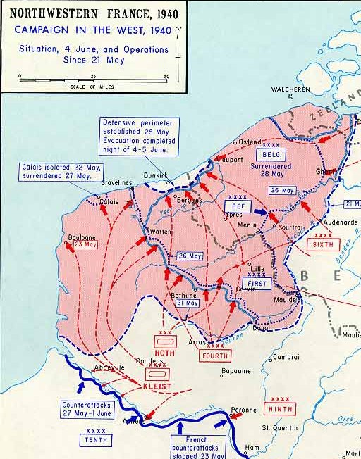 Plakat, das eine detaillierte Karte von Nordfrankreich während des Westfeldzugs 1940 zeigt, mit Text und Zahlen versehen.